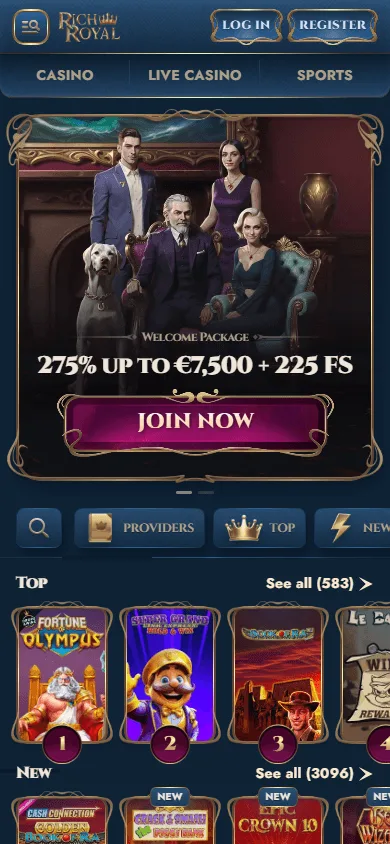 Rich Royal Casino mobile browser home with casino, live games, betting and account areas