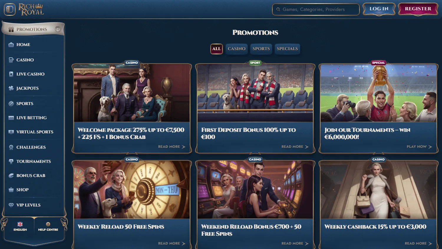 Rich Royal Casino desktop promotions area with welcome and ongoing reward offers