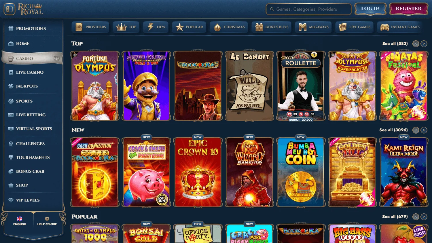 Rich Royal Casino desktop games area with casino and live game categories