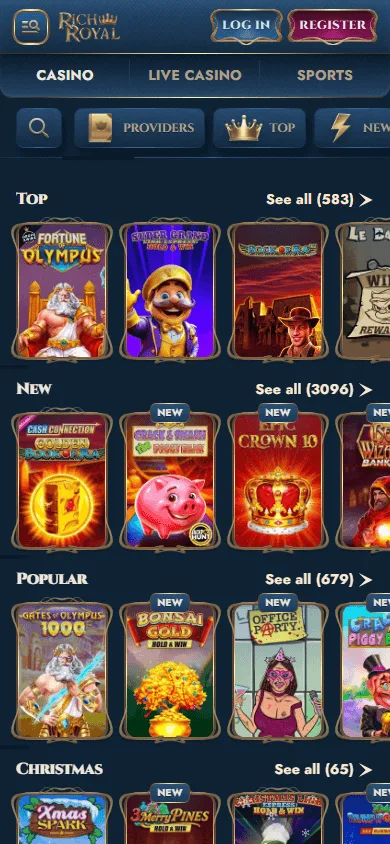 Rich Royal Casino mobile browser games area with slots, live casino and instant games