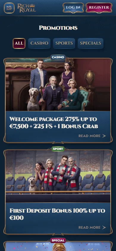 Rich Royal Casino mobile browser promotions area with welcome package and cashback offers
