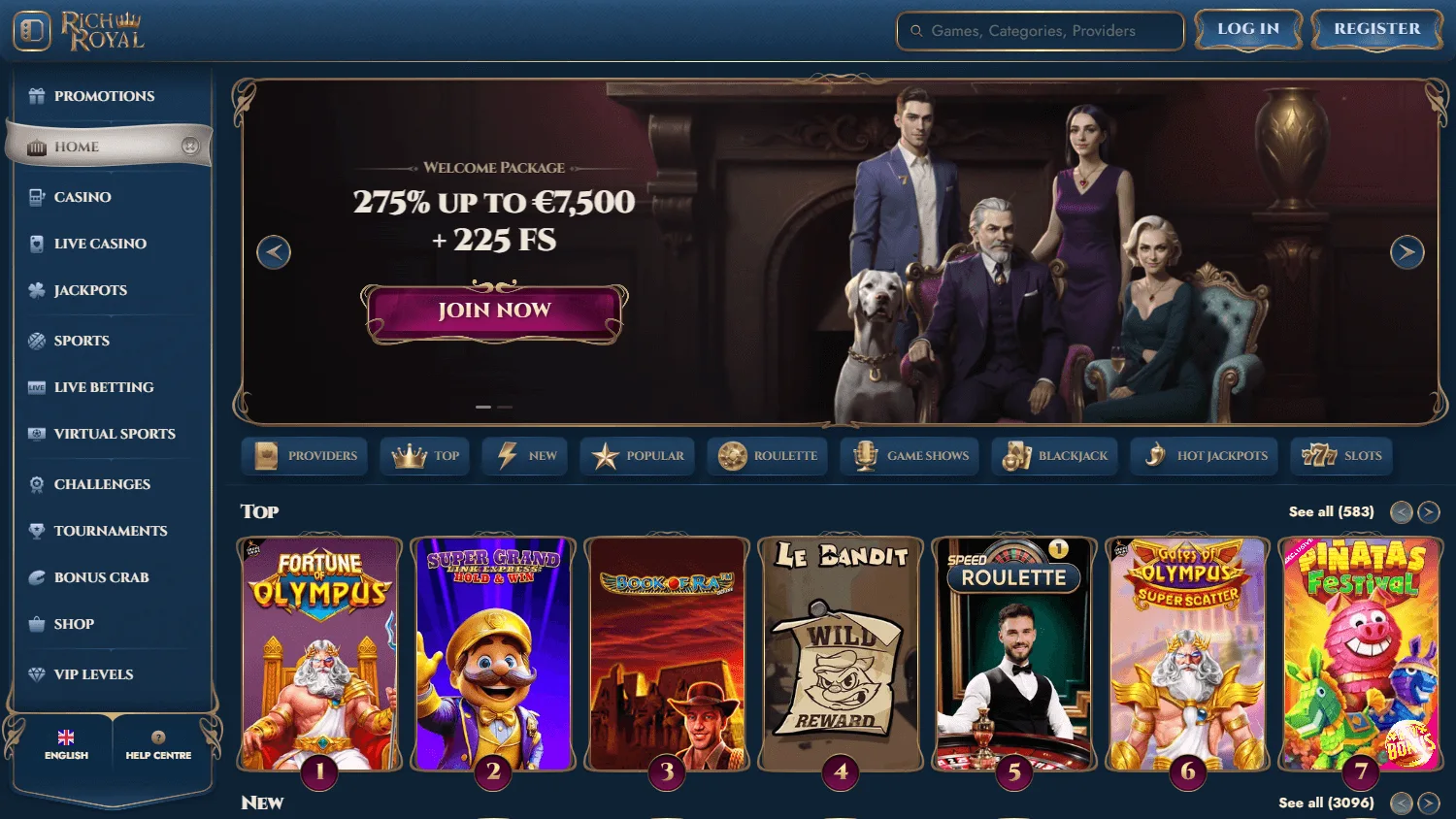 Rich Royal Casino desktop home screen with casino, live games, betting and promotions